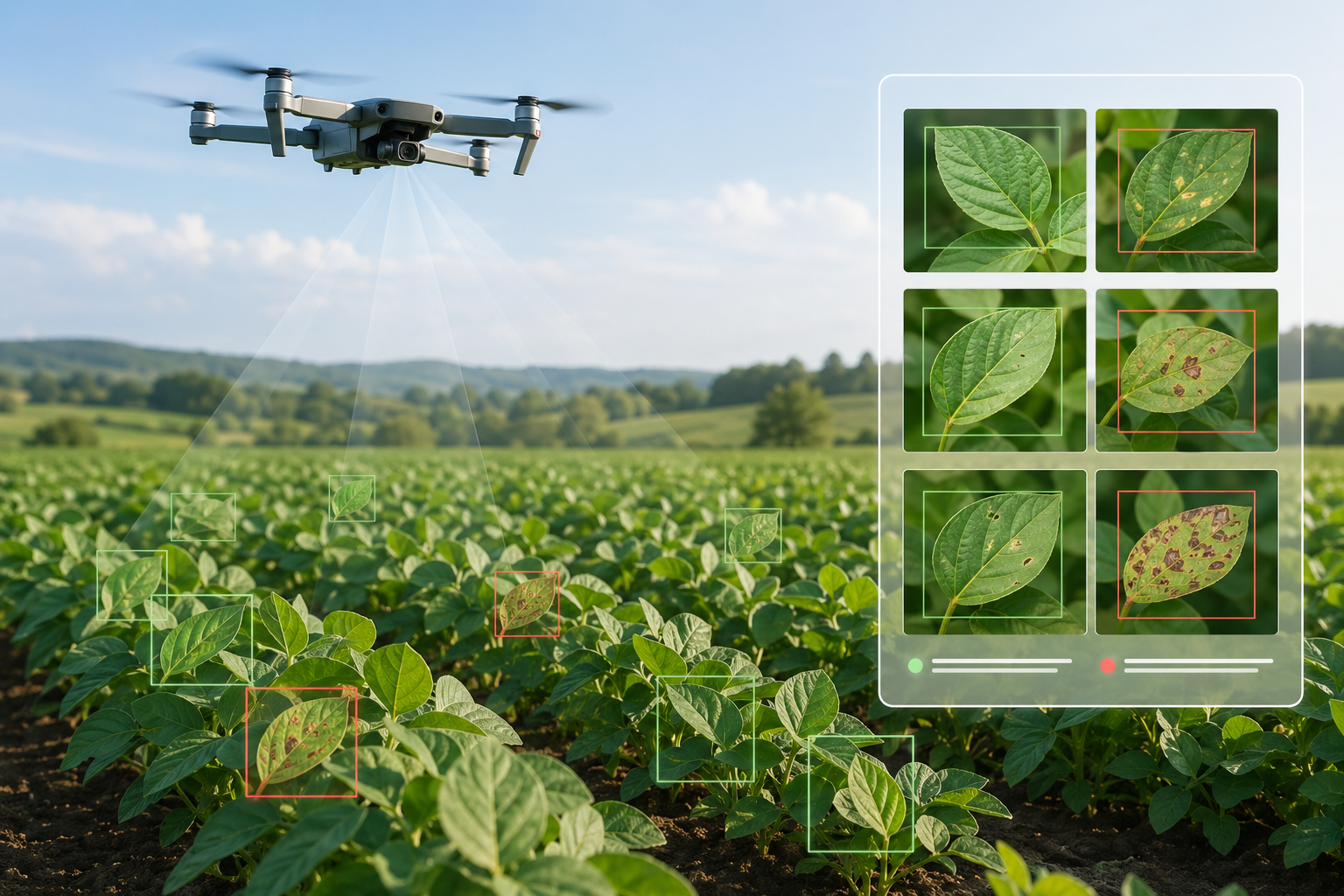 Drone monitoring crops with computer vision detection overlays.